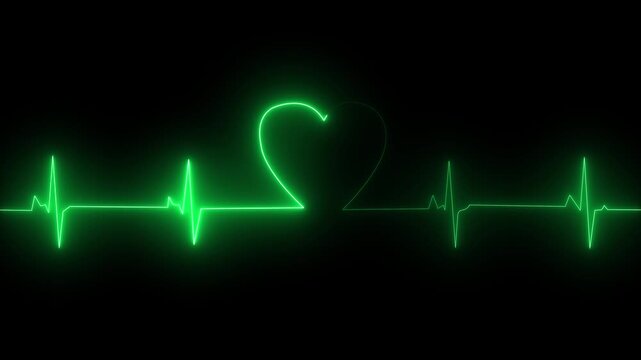Neon green heartbeat ekg pulse line animation on black background, for medical and, wellness concepts, heart rate. Animation of 4k video.