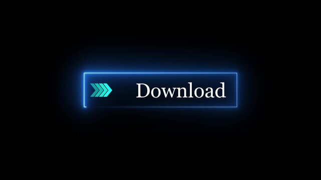 Neon download button animation on black background with arrows pointing right, glowing interface icon signaling click to start download. Motion graphics of download concept