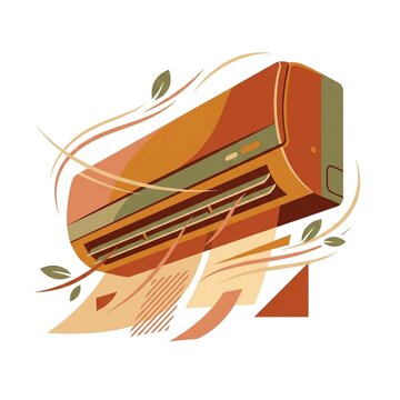 A modern vector illustration of a wall-mounted air conditioning unit in warm earth tones, featuring artistic wind lines and floating leaves to symbolize efficient climate control and fresh air.