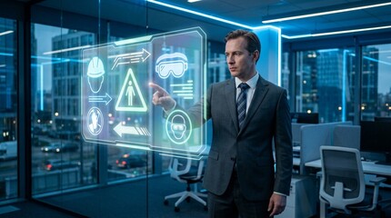 Fototapeta premium Businessman in dark suit interacting with glowing blue holographic safety interface showing helmet, goggles, mask icons, and warning arrows inside modern high-tech office with city skyline at night