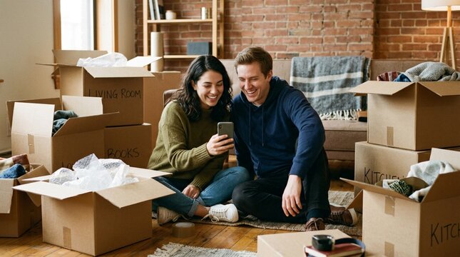 Smiling young couple sitting on floor surrounded by open cardboard moving boxes, laughing together while looking at a smartphone in a bright loft with exposed brick wall
