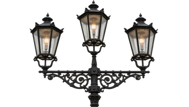 Ornate black triple gas lamp post with glowing bulbs, isolated on transparent background