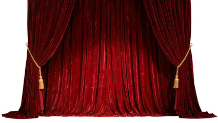 Luxurious red velvet stage curtains with golden tassels, isolated on transparent background