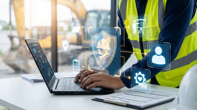 Worker typing on laptop with safety hologram with hologram icons worker types hard hat construction technology protection reflection equipment