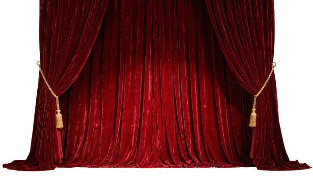 Luxurious red velvet stage curtains with golden tassels, isolated on transparent background