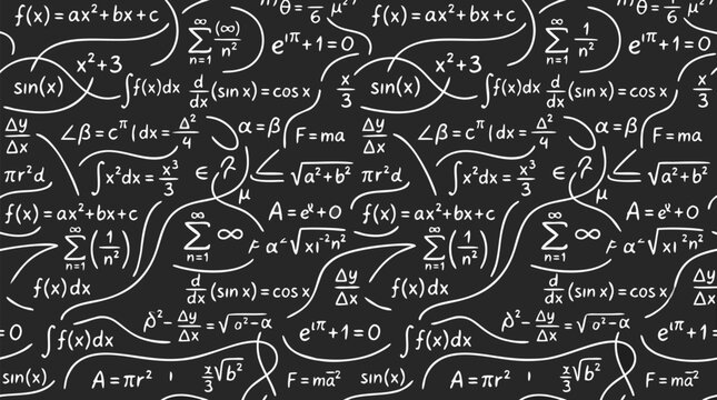 Seamless pattern of handwritten mathematical formulas equations and calculus symbols in white chalk on blackboard with elegant curved connecting lines for education and science