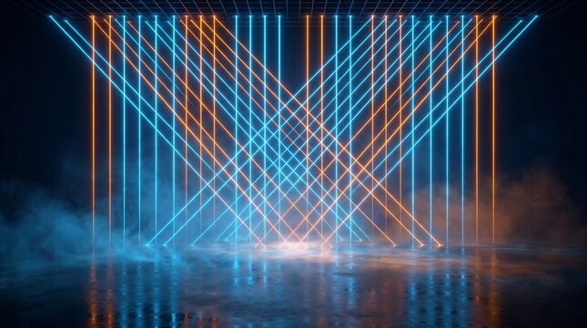 Blue and orange laser beams intersect in a dark room with smoke with crisscross dark space space fog intersection reflection technology background