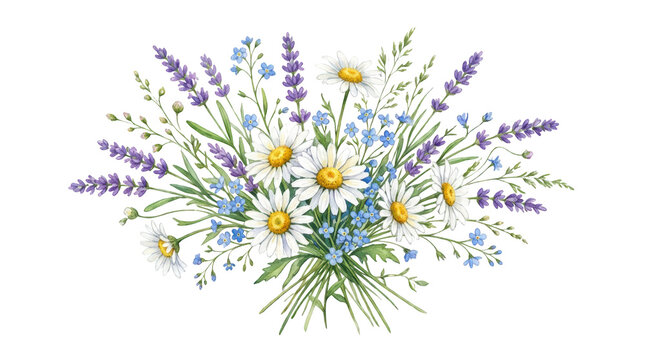 Watercolor bouquet of daisies, lavender, and forgetmenots isolated on white isolated on transparent background