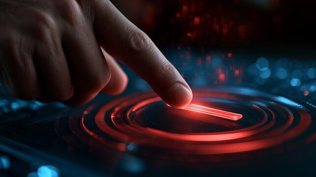 Close-up of human finger pressing a glowing red futuristic control button on a digital panel with futuristic technology touch screen electronic device push button