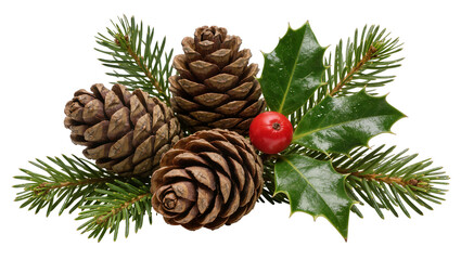 Natural pine cones fir branches and holly leaves with red berry, isolated on transparent background © iPNGi