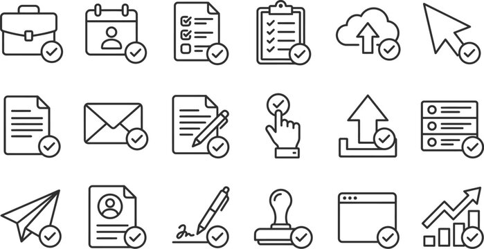 Apply icon set with submit, form, check and approval symbols in bold vector style isolated on white.