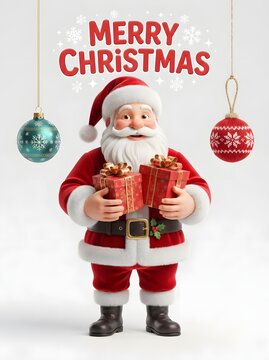 Festive santa claus holding gifts with christmas ornaments and a white background