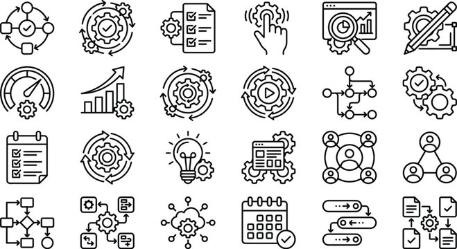 Workflow line icon set with editable stroke for improvement, prototyping, execution, automation, system, and process