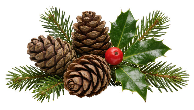 Natural pine cones fir branches and holly leaves with red berry, isolated on transparent background