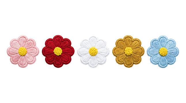 Five colorful embroidered daisy flower patches featuring detailed stitching with vibrant thread colors arranged in a horizontal line on transparent background