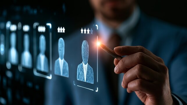 Businessman interacting with holographic personnel profile database and candidate ranking interface personnel management human resources digital recruitment hologram