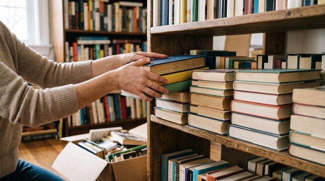 Person organizing books on a shelf in a library or study room