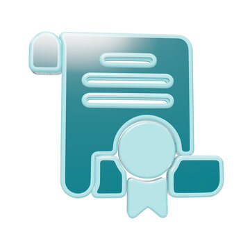 3D glossy teal document icon with certificate seal and text lines for corporate training and educational documentation isolated on a transparent background
