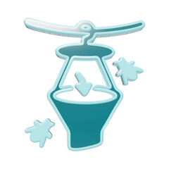 3D glossy teal icon of a cable car gondola with downward arrow and small cloud shapes for forest care information isolated on a transparent background © Trendy_Desing