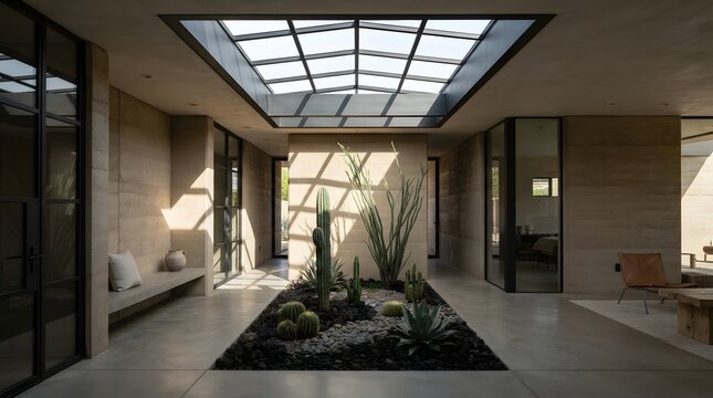 Modern Minimalist Interior with Indoor Cactus Courtyard