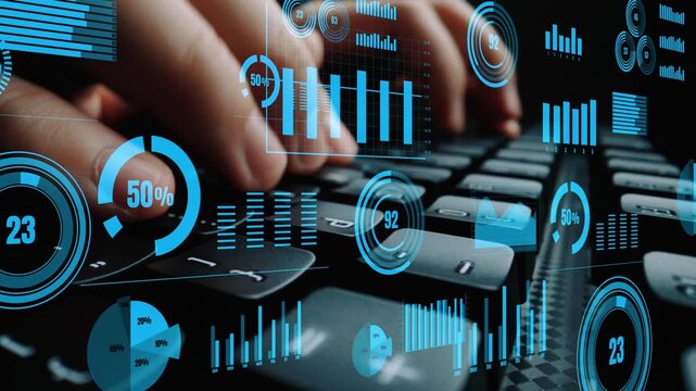 A close-up image of hands typing on a keyboard with floating digital graphics representing analytics, statistics, and business insights in a high-tech scene. Xenic