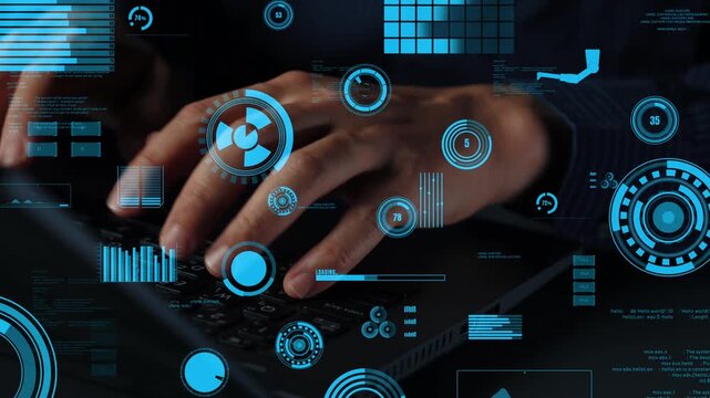 Close-up view of hands typing on a laptop, surrounded by futuristic digital elements, demonstrating the integration of technology and data analytics in modern work environments. Xenic