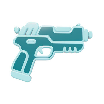 Three-dimensional teal and light blue futuristic toy blaster pistol icon with rounded edges and a smooth plastic texture isolated on a transparent background