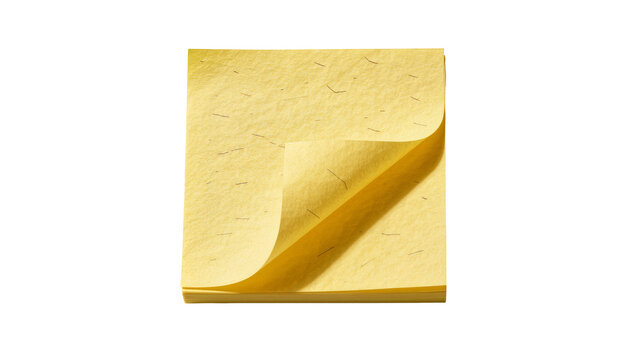 Yellow textured sticky notes with a curled corner, isolated on transparent background