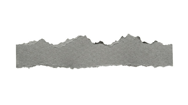 Grey textured paper scrap strip featuring rough jagged edges and distressed vintage fibers presented as a realistic design element on transparent background