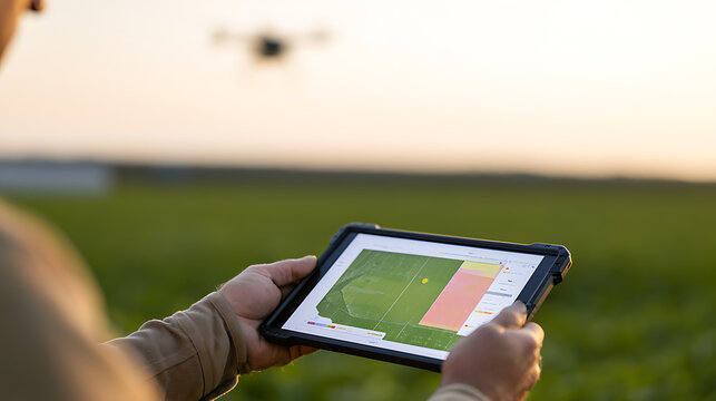 Farmer hold tablet to control agricultural drone crop spray map field smart farm technology modern outdoor sunny day harvest growth system