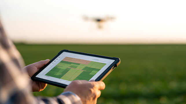 Farmer hold digital tablet computer control agriculture drone crop field monitor farm modern technology smart harvest produce yield growth success