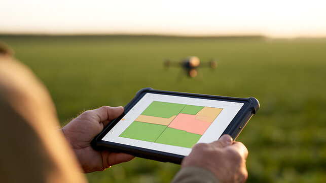 Farmer hold tablet computer with map data to monitor agricultural crop field and control modern drone technology for smart farm project growth