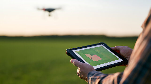 Farmer hold digital tablet to control flying agricultural drone above green crop field in countryside during sunset for modern smart farming tech