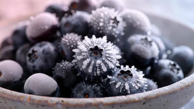 Macro close-up of frozen blueberries in a ceramic bowl covered in sharp white ice crystals and frost, displaying intricate textures and cold storage conditions for fresh fruit.