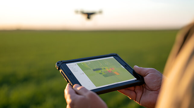 Farmer hold tablet to control agricultural drone monitor crop health field green smart farming industry technology modern innovation tool