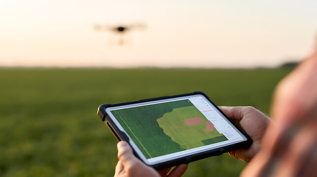 Farmer monitor crop field with digital tablet device and remote drone technology for smart agriculture management in modern farm countryside landscape