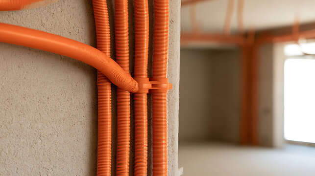 Orange corrugated electrical conduit pipes installed on a concrete wall inside a building under construction, modern facility development work