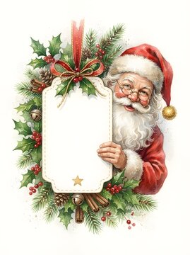Watercolor painting of Santa Claus holding a blank frame with festive holiday foliage