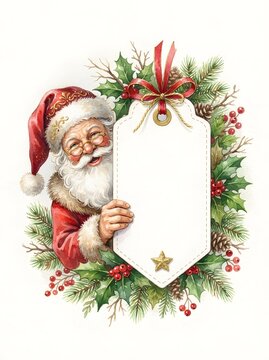 Watercolor santa claus peeking from holly wreath holding blank tag for christmas message