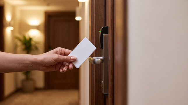 Mano acercando tarjeta de acceso a cerradura electrónica 