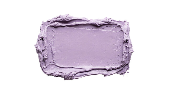 Thick purple cosmetic cream smear shaped as a rectangular frame with textured edges and smooth center on transparent background