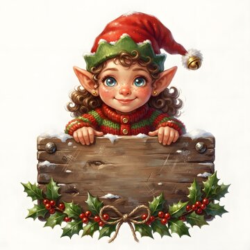 Charming christmas elf peeking from behind a wooden sign with holly and winter snow