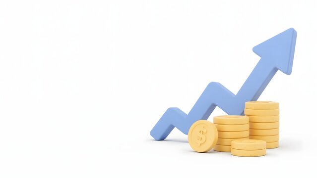 Minimalist 3D isometric growth arrow with coins on a clean white background, pastel corporate colors and clay texture. Generative AI artwork for finance concepts.