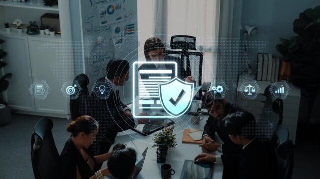 A dynamic office meeting scene featuring a team engaged in discussion, surrounded by digital security icons, highlighting collaboration and innovative business strategies. Raster
