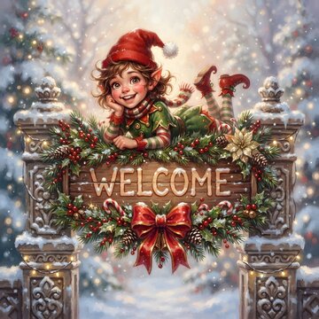 Charming christmas elf welcomes guests with a festive winter wreath and snowy landscape