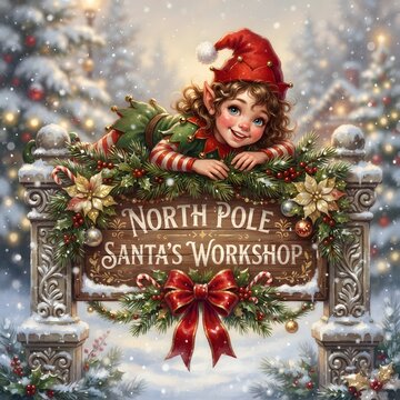 Charming elf girl peeking from a festive North Pole sign with winter holiday decorations