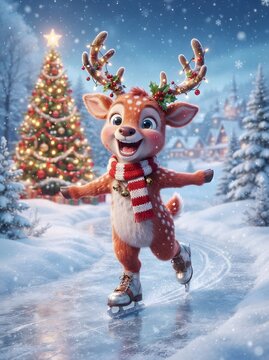 Cheerful reindeer character ice skating in front of a decorated christmas tree winter scene