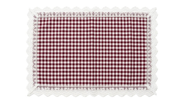 Rectangular fabric placemat featuring classic burgundy and white checkered pattern with ornate decorative lace trim borders on transparent background