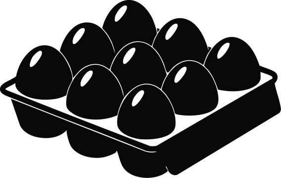 Black silhouette dozen egg carton with ten eggs food and breakfast staple.