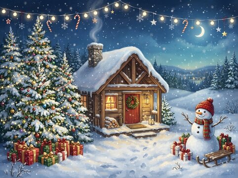 Cozy winter cabin with christmas tree and snowman in a snowy landscape illustration